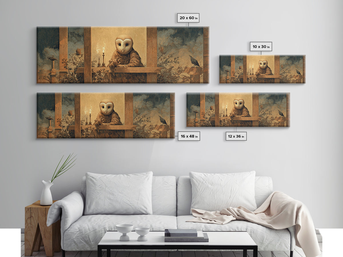 The Owl-Faced Omen, Medieval Grotesque Art, Extra Wide Wall Art, Dark Halloween Decor, Canvas Print, Halloween Wall Art