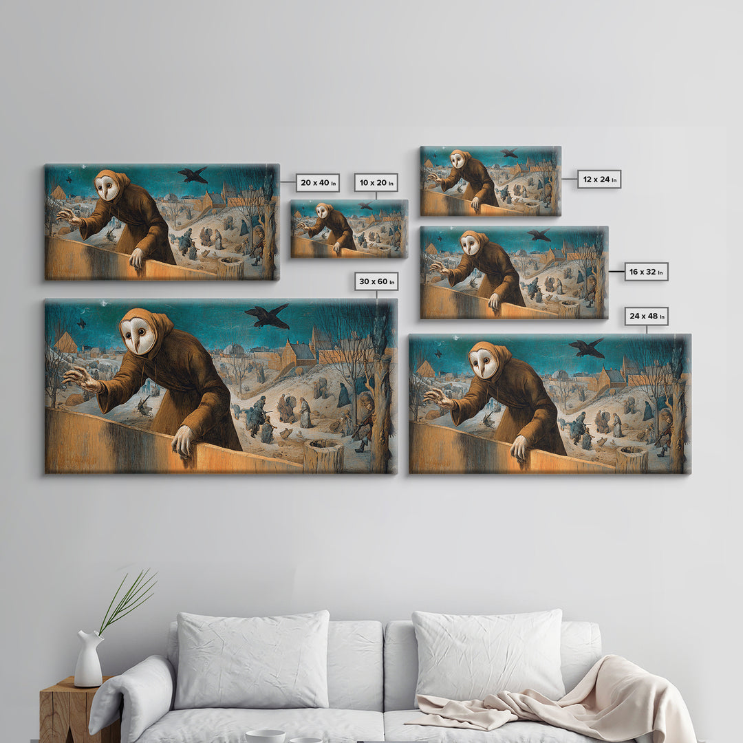 The Owl-Faced Omen, Northern Renaissance Horror, Wide Panoramic Art, Dark Halloween Decor, Canvas Print, Halloween Wall Art