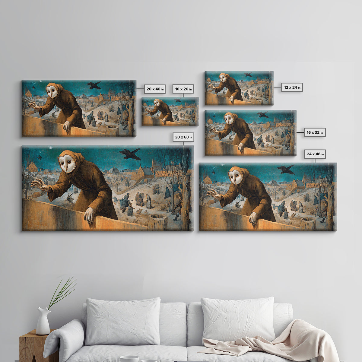 The Owl-Faced Omen, Northern Renaissance Horror, Wide Panoramic Art, Dark Halloween Decor, Canvas Print, Halloween Wall Art