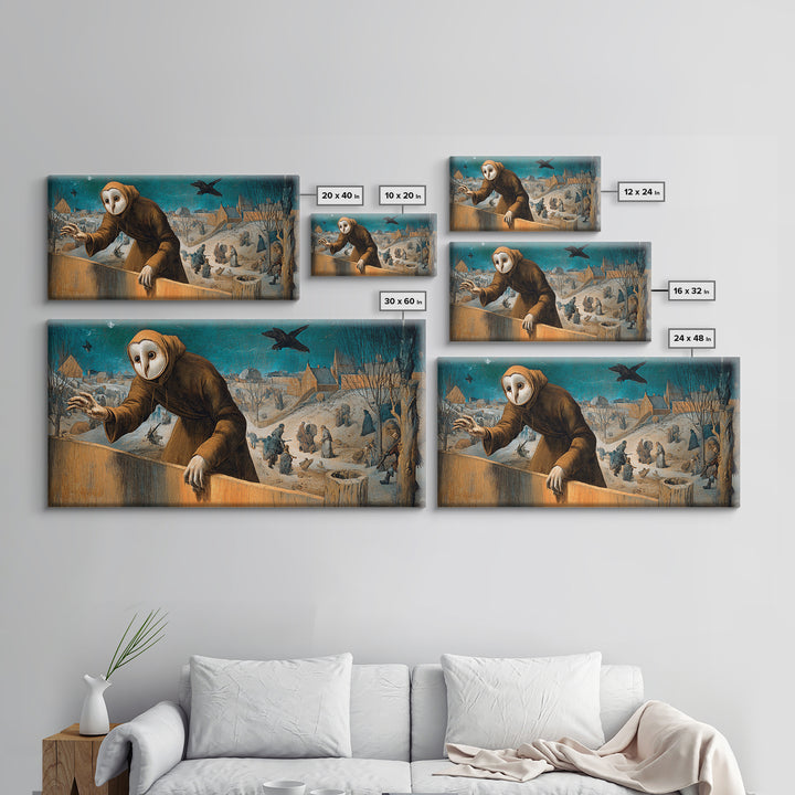 The Owl-Faced Omen, Northern Renaissance Horror, Wide Panoramic Art, Dark Halloween Decor, Canvas Print, Halloween Wall Art