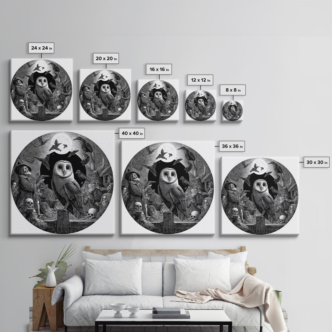 The Owl-Faced Omen, Danse Macabre Art, Square Wall Art, Macabre Wall Art, Framed Canvas Print, Halloween Wall Art