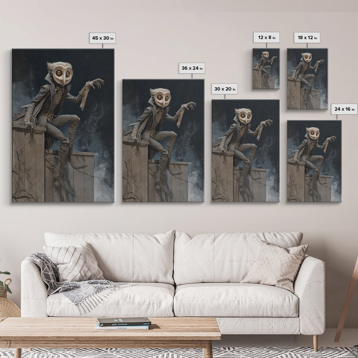 The Owl-Faced Omen, Gothic Nightmare Art, Vertical Wall Art, Dark Halloween Decor, Framed Canvas Print, Halloween Wall Art