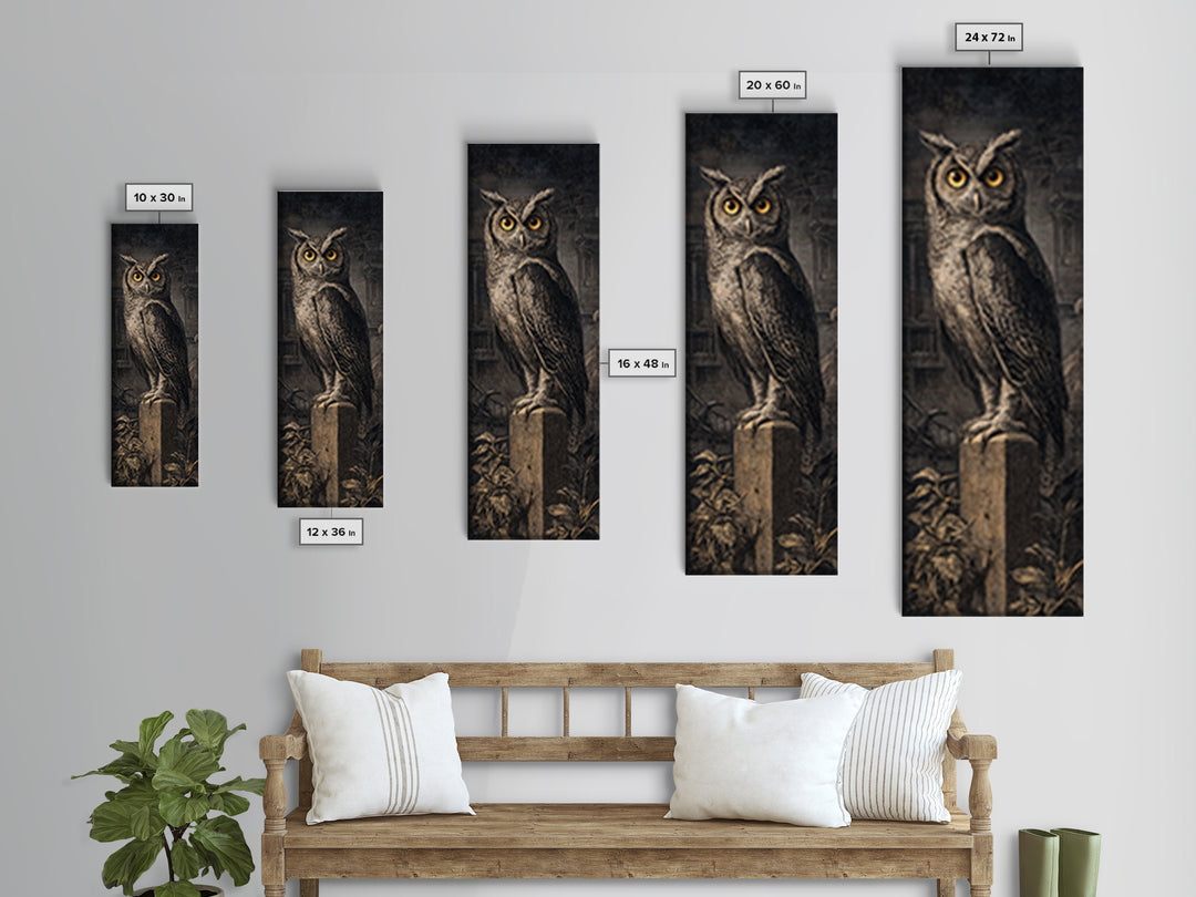 The Owl-Faced Omen, Architectural Etching Art, Tall Narrow Wall Art, Dark Fantasy Wall Art, Canvas Print, Halloween Wall Art