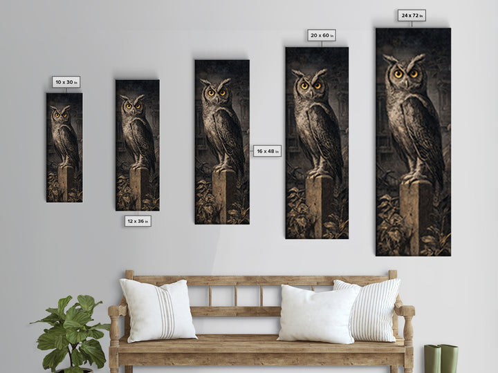 The Owl-Faced Omen, Architectural Etching Art, Tall Narrow Wall Art, Dark Fantasy Wall Art, Canvas Print, Halloween Wall Art