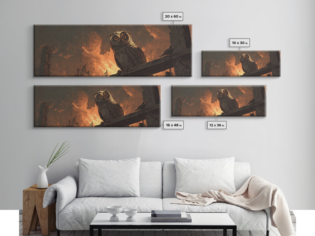 The Owl-Faced Omen, Apocalyptic Romantic Art, Extra Wide Wall Art, Gothic Horror Wall Art, Framed Canvas Print, Halloween Wall Art