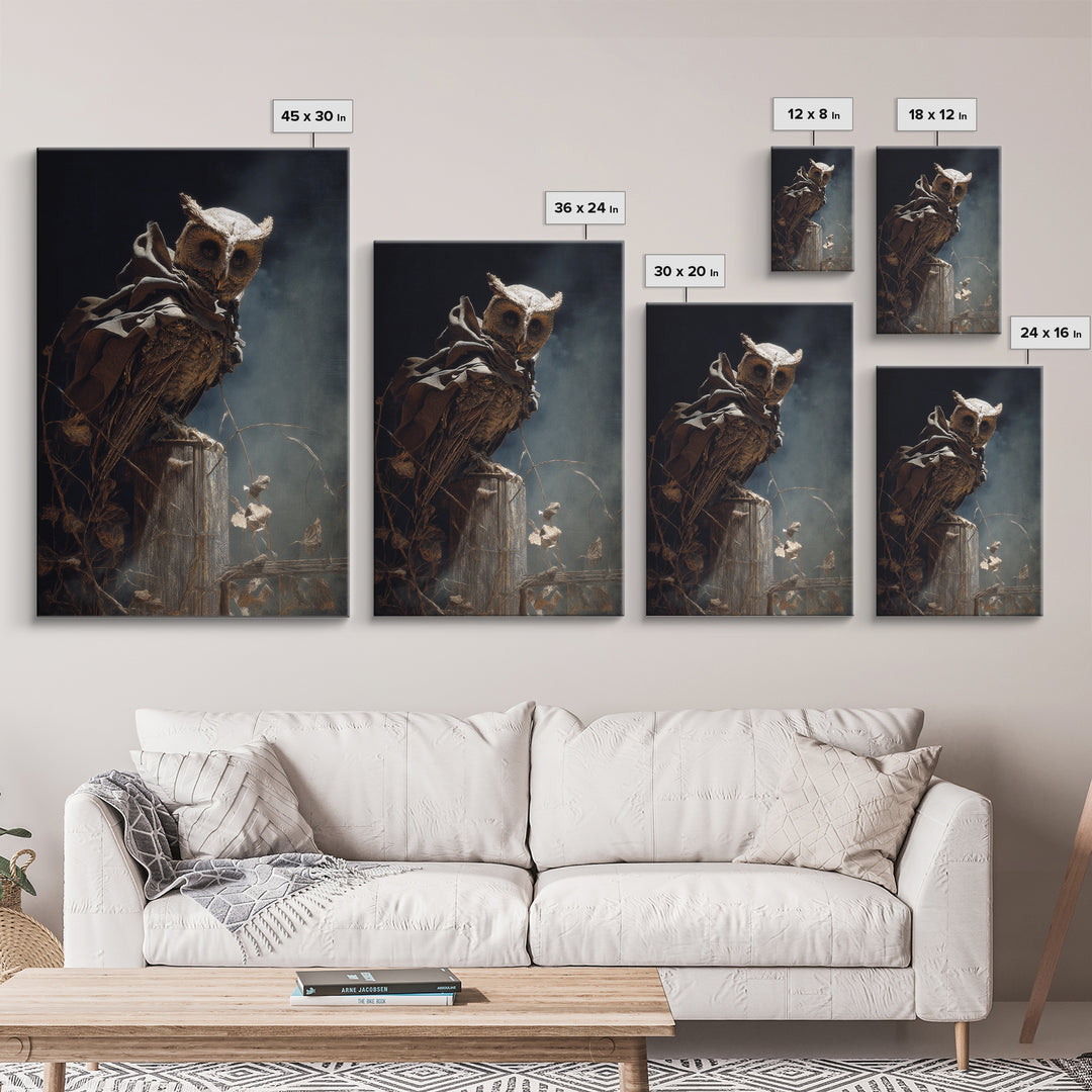 The Owl-Faced Omen, Ornate Symbolist Art, Vertical Wall Art, Macabre Wall Art, Canvas Print, Halloween Wall Art, Horror Wall Art
