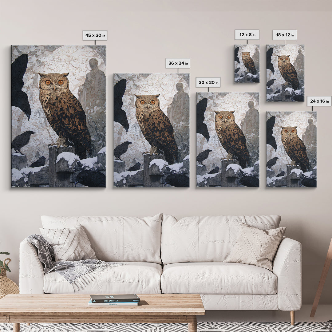 The Owl-Faced Omen, Symbolist Death Art, Vertical Wall Art, Dark Halloween Decor, Canvas Print, Halloween Wall Art