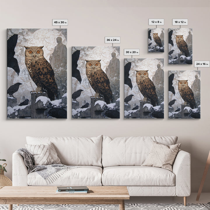 The Owl-Faced Omen, Symbolist Death Art, Vertical Wall Art, Dark Halloween Decor, Canvas Print, Halloween Wall Art