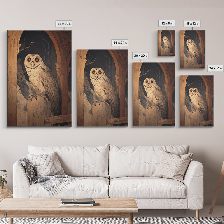 The Owl-Faced Omen, Symbolist Etching Art, Vertical Wall Art, Gothic Horror Wall Art, Canvas Print, Halloween Wall Art, Gothic Home Decor