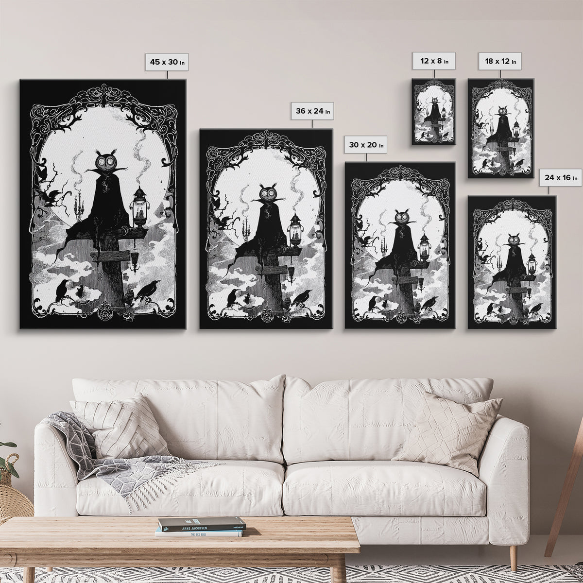 The Owl-Faced Omen, Decadent Line Art, Vertical Wall Art, Gothic Horror Wall Art, Canvas Print, Halloween Wall Art