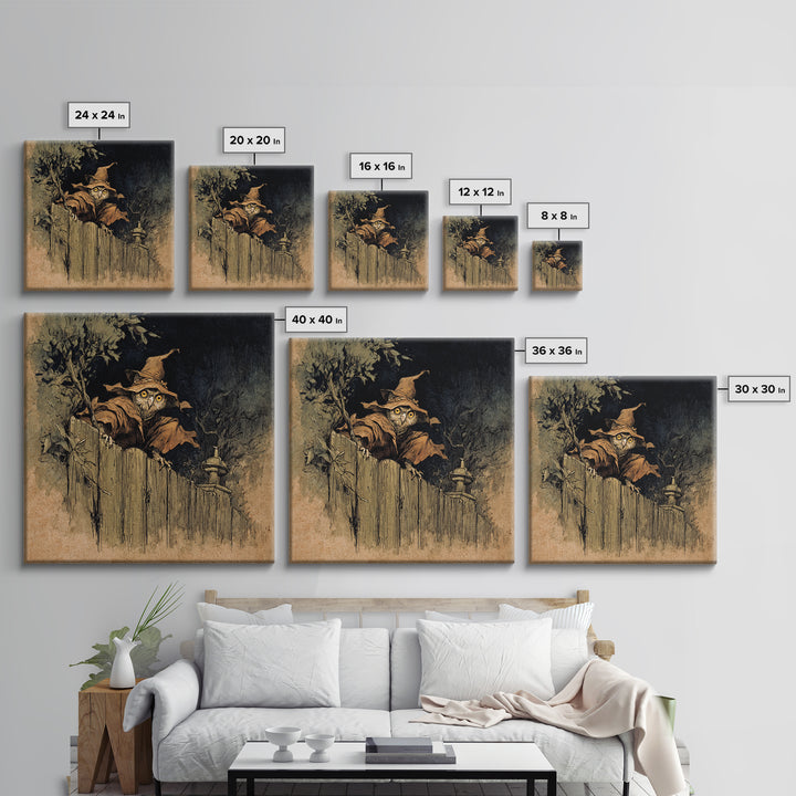 The Owl-Faced Omen, Gothic Storybook Art, Square Wall Art, Dark Halloween Decor, Framed Canvas Print, Halloween Wall Art