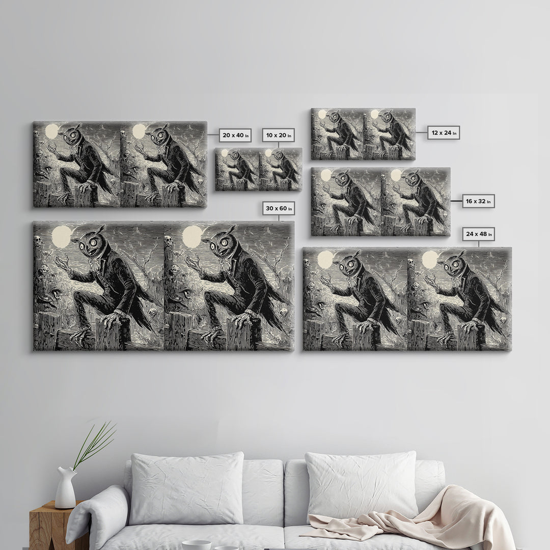 The Owl-Faced Omen, Macabre Folk Print Art, Wide Panoramic Art, Gothic Horror Wall Art, Canvas Print, Halloween Wall Art