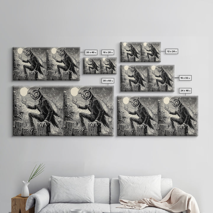 The Owl-Faced Omen, Macabre Folk Print Art, Wide Panoramic Art, Gothic Horror Wall Art, Canvas Print, Halloween Wall Art