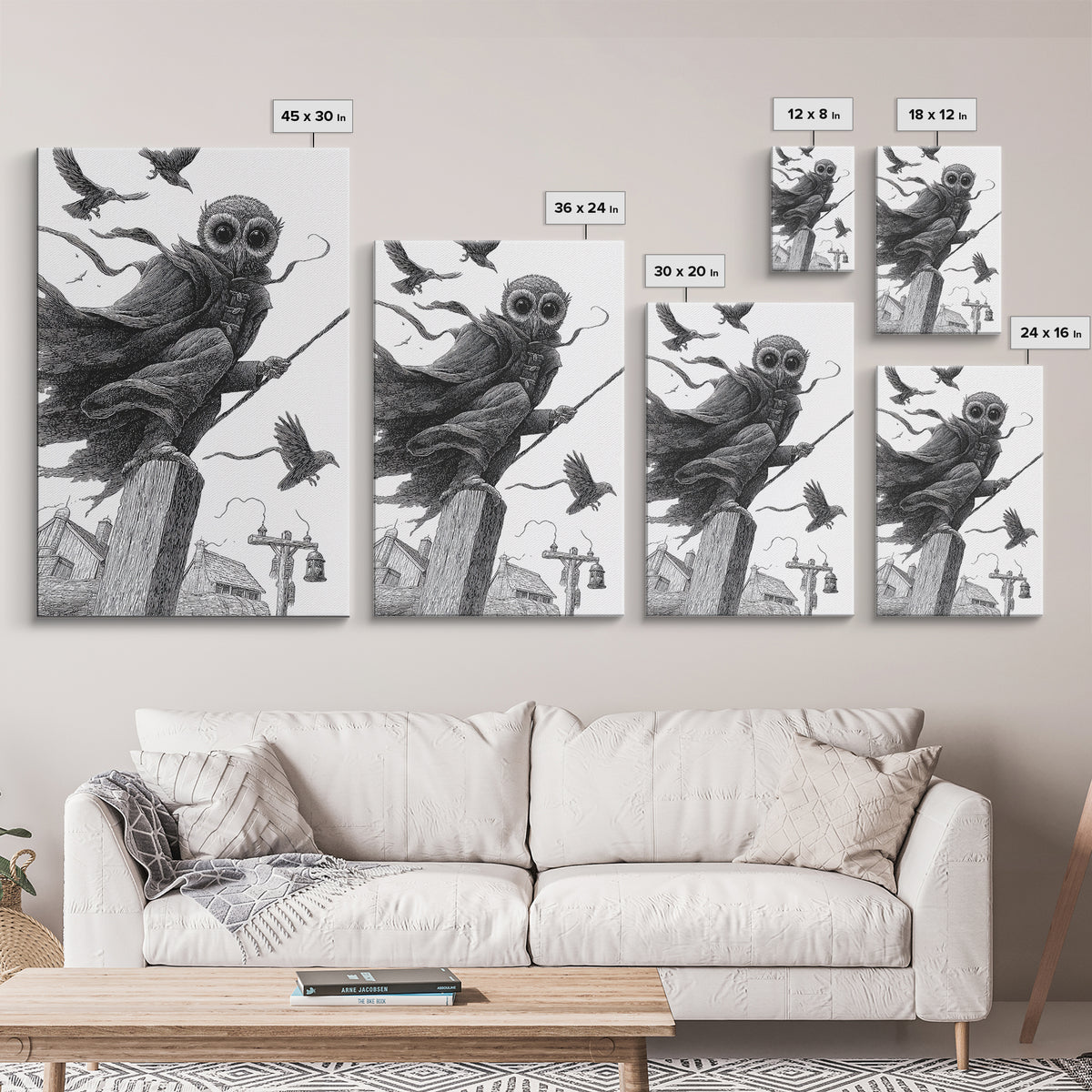 The Owl-Faced Omen, Victorian Macabre Art, Vertical Wall Art, Dark Halloween Decor, Framed Canvas Print, Halloween Wall Art