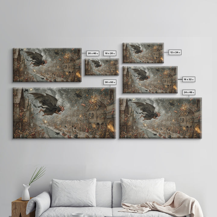 The Bat-Winged Imp, Northern Renaissance Horror, Wide Panoramic Art, Macabre Wall Art, Framed Canvas Print, Halloween Wall Art