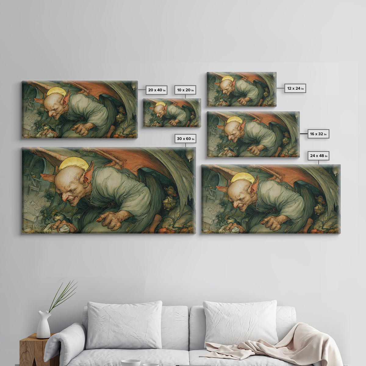 The Bat-Winged Imp, Dark Renaissance Art, Wide Panoramic Art, Macabre Wall Art, Canvas Print, Halloween Wall Art