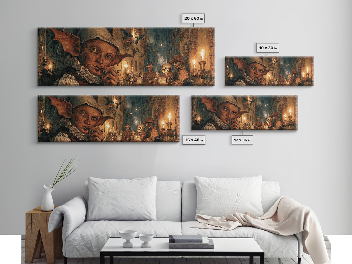 The Bat-Winged Imp, Danse Macabre Art, Extra Wide Wall Art, Macabre Wall Art, Canvas Print, Halloween Wall Art