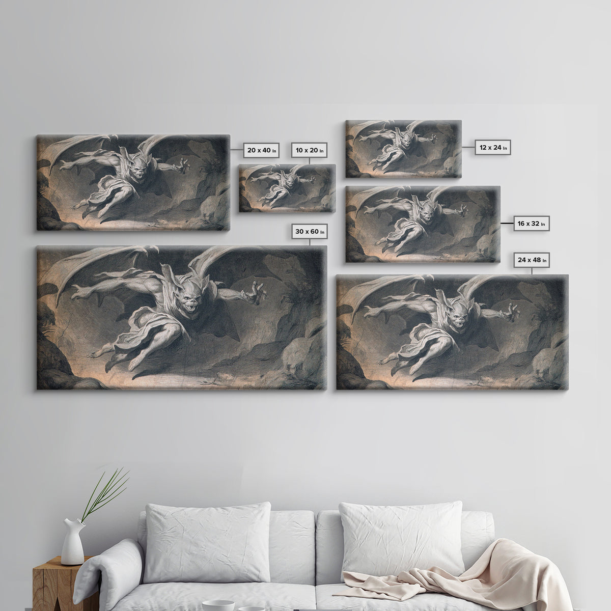 The Bat-Winged Imp, Gothic Nightmare Art, Wide Panoramic Art, Macabre Wall Art, Framed Canvas Print, Halloween Wall Art