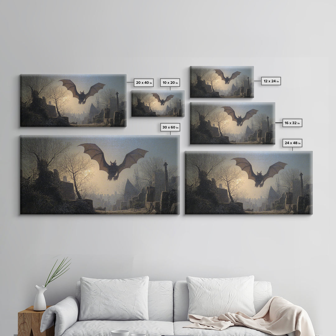 The Bat-Winged Imp, Romantic Gothic Landscape, Wide Panoramic Art, Dark Fantasy Wall Art, Canvas Print, Halloween Wall Art