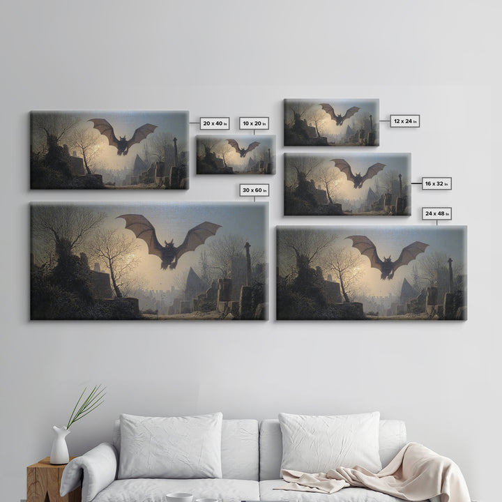 The Bat-Winged Imp, Romantic Gothic Landscape, Wide Panoramic Art, Dark Fantasy Wall Art, Canvas Print, Halloween Wall Art