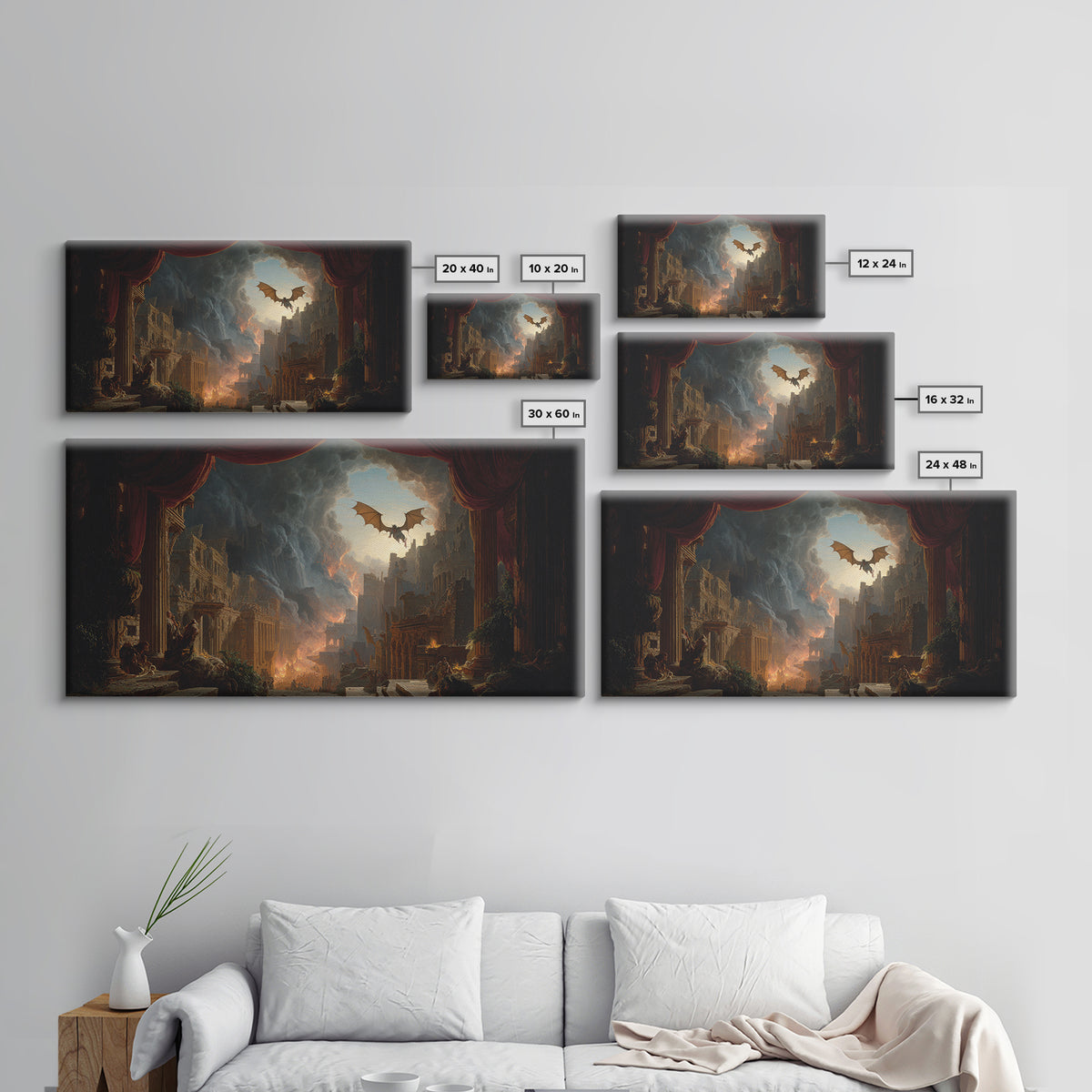 The Bat-Winged Imp, Apocalyptic Romantic Art, Wide Panoramic Art, Gothic Horror Wall Art, Framed Canvas Print, Halloween Wall Art