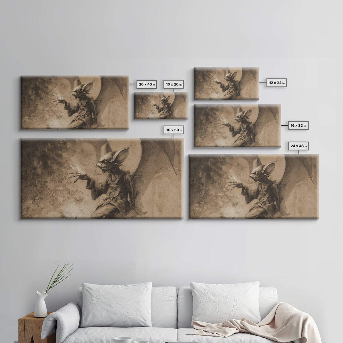 The Bat-Winged Imp, Symbolist Dream Art, Wide Panoramic Art, Dark Halloween Decor, Canvas Print, Halloween Wall Art