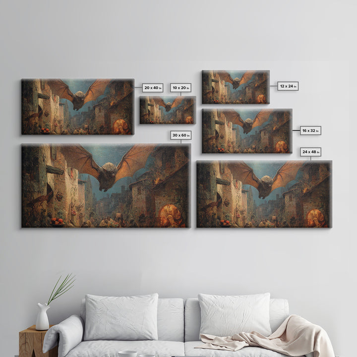 The Bat-Winged Imp, Ornate Symbolist Art, Wide Panoramic Art, Macabre Wall Art, Framed Canvas Print, Halloween Wall Art