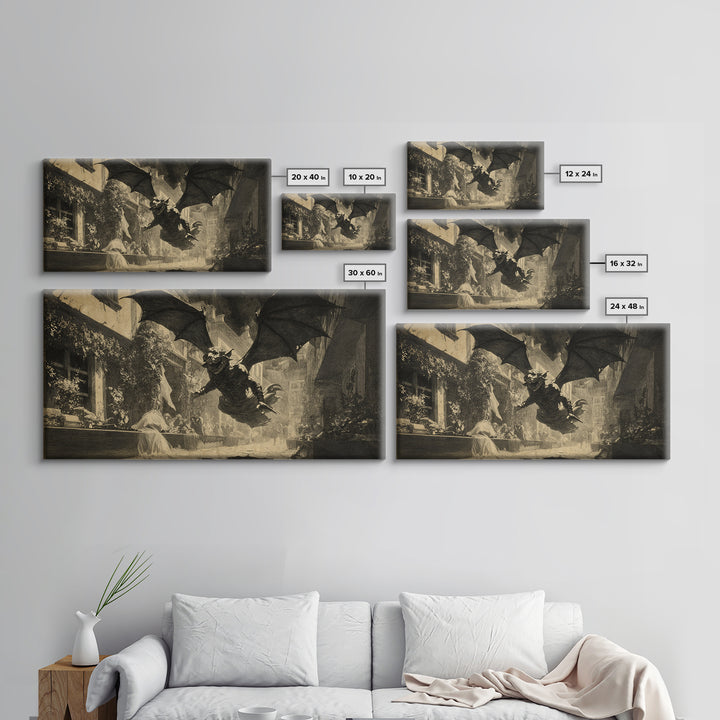 The Bat-Winged Imp, Dark Symbolist Art, Wide Panoramic Art, Dark Halloween Decor, Canvas Print, Halloween Wall Art
