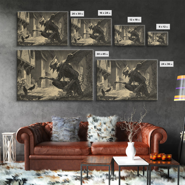 The Bat-Winged Imp, Symbolist Etching Art, Landscape Wall Art, Macabre Wall Art, Framed Canvas Print, Halloween Wall Art