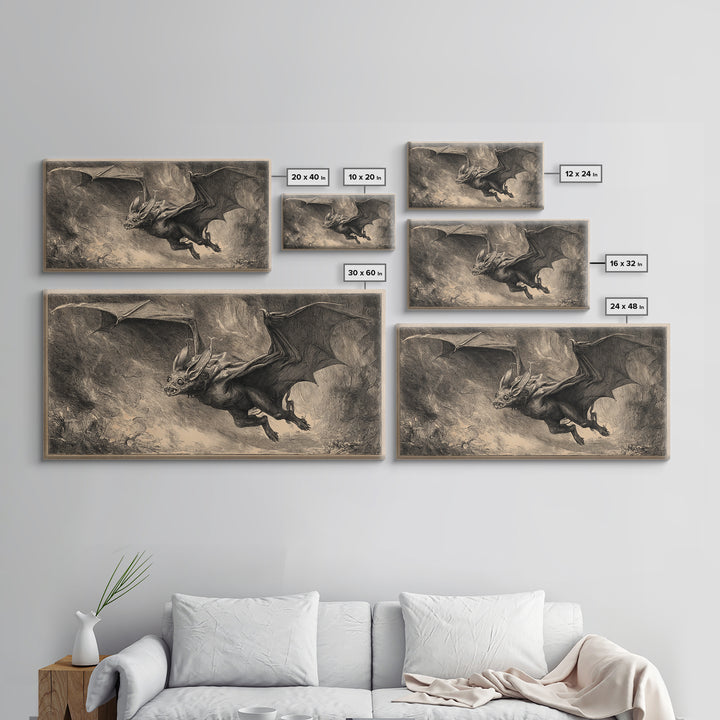 The Bat-Winged Imp, Expressionist Nightmare Art, Wide Panoramic Art, Dark Fantasy Wall Art, Framed Canvas Print, Halloween Wall Art