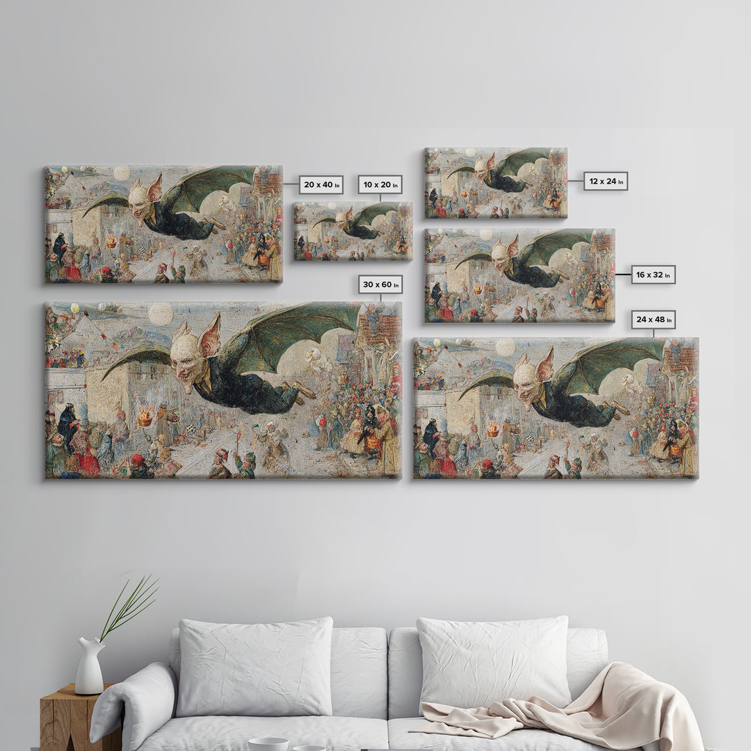 The Bat-Winged Imp, Grotesque Carnival Art, Wide Panoramic Art, Macabre Wall Art, Framed Canvas Print, Halloween Wall Art, Halloween Decor