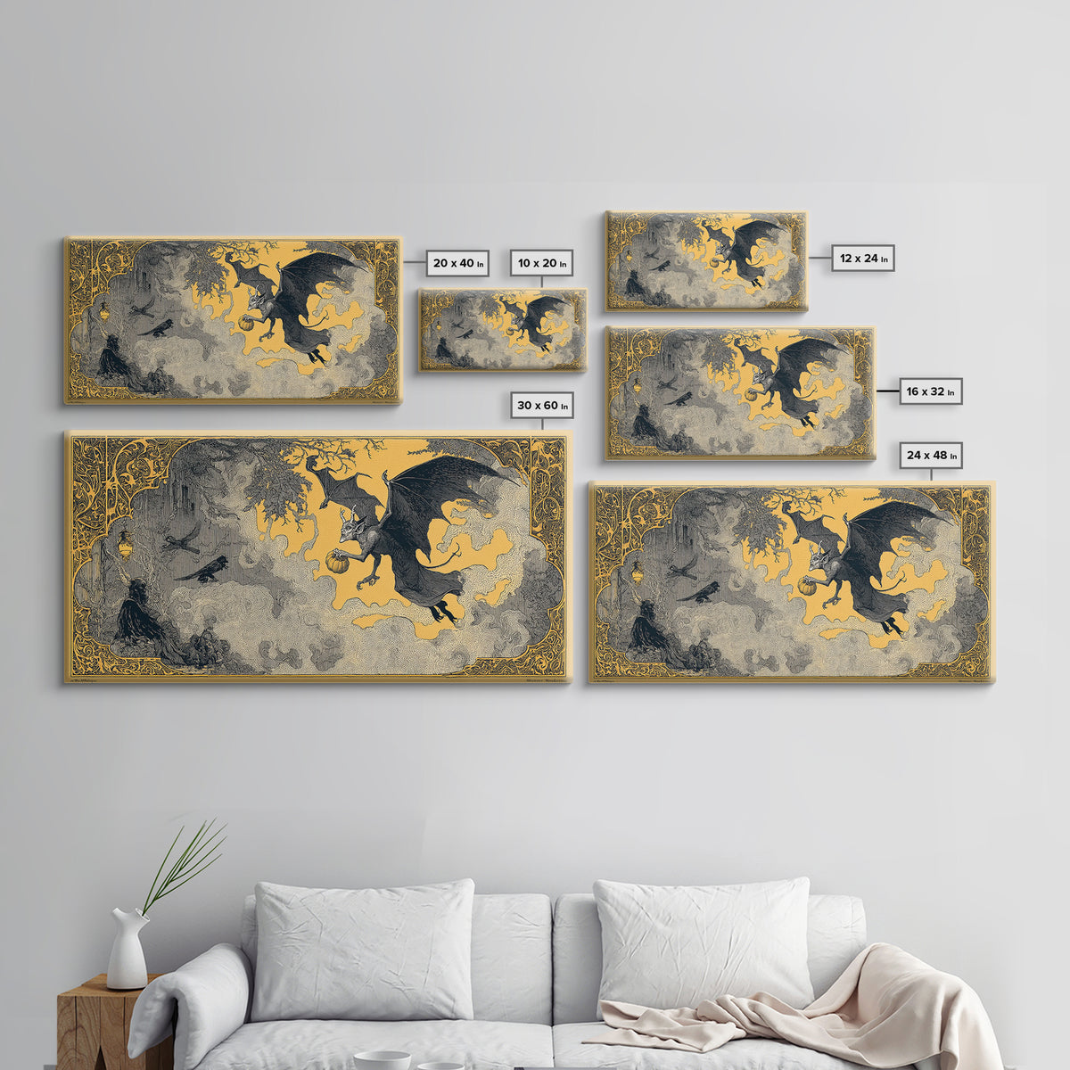 The Bat-Winged Imp, Decadent Line Art, Wide Panoramic Art, Macabre Wall Art, Framed Canvas Print, Halloween Wall Art