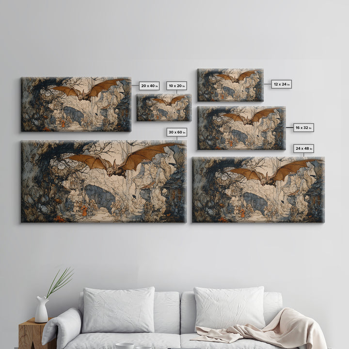 The Bat-Winged Imp, Gothic Storybook Art, Wide Panoramic Art, Dark Fantasy Wall Art, Framed Canvas Print, Halloween Wall Art