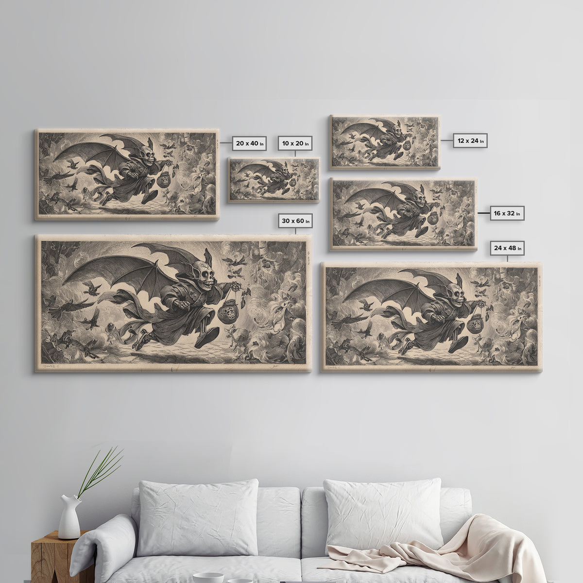 The Bat-Winged Imp, Macabre Folk Print Art, Wide Panoramic Art, Dark Halloween Decor, Framed Canvas Print, Halloween Wall Art