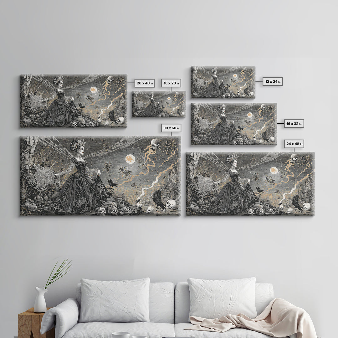 The Spider Queen, Macabre Folk Print Art, Wide Panoramic Art, Dark Halloween Decor, Canvas Print, Halloween Wall Art