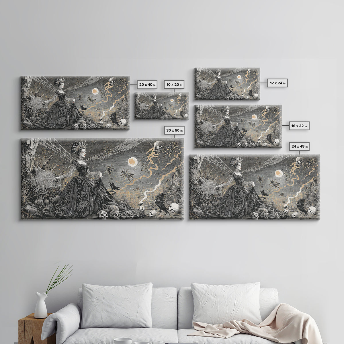 The Spider Queen, Macabre Folk Print Art, Wide Panoramic Art, Dark Halloween Decor, Canvas Print, Halloween Wall Art