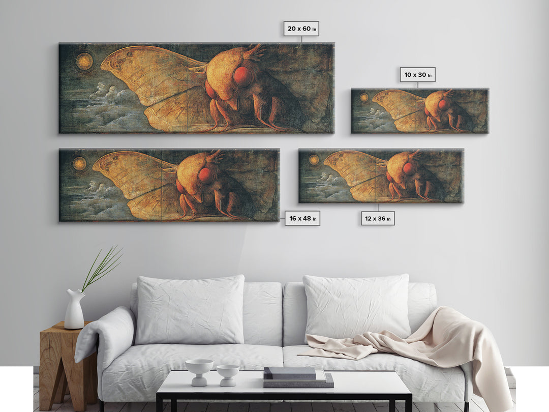 The Red-Eyed Moth Creature, Dark Renaissance Art, Extra Wide Wall Art, Dark Fantasy Wall Art, Canvas Print, Halloween Wall Art