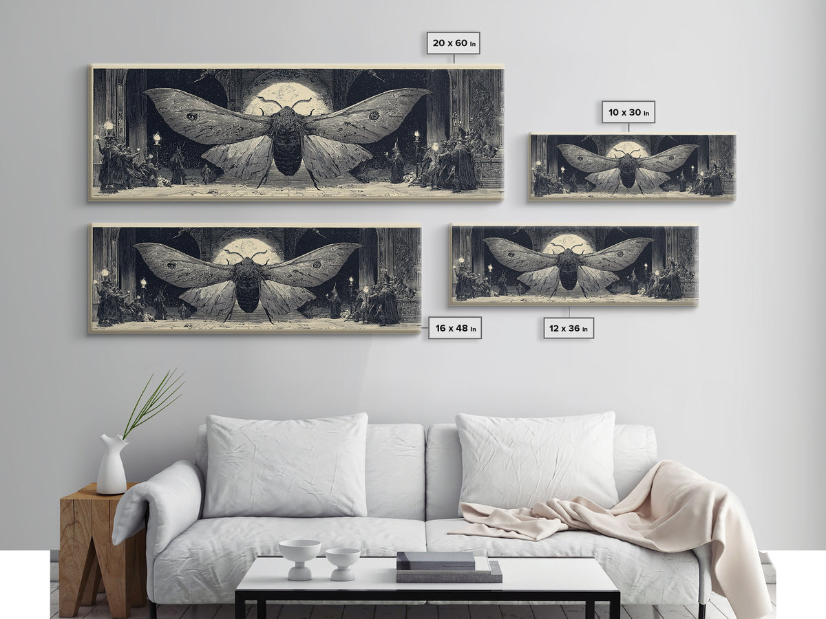 The Red-Eyed Moth Creature, Renaissance Engraving Art, Extra Wide Wall Art, Dark Halloween Decor, Canvas Print, Halloween Wall Art