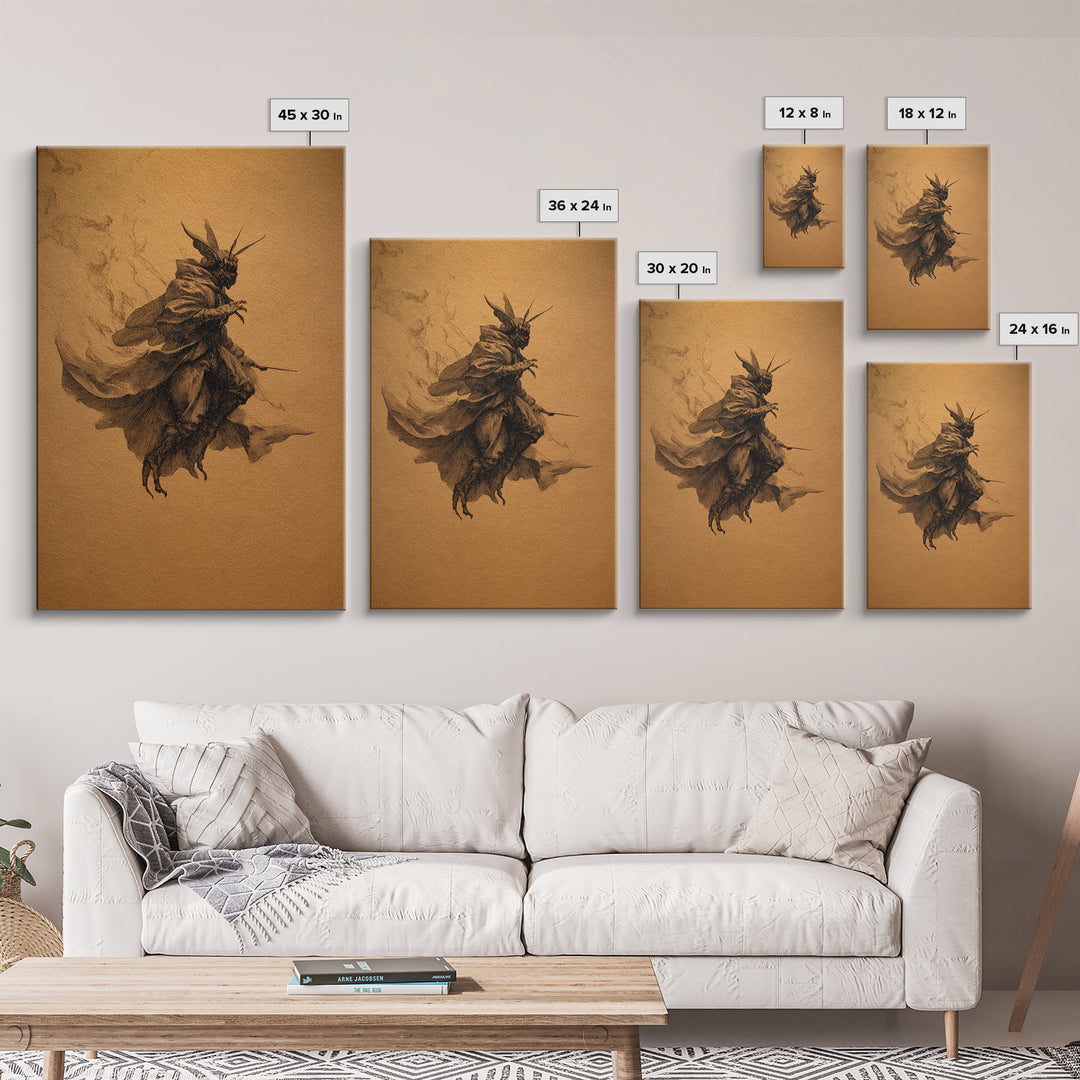 The Red-Eyed Moth Creature, Baroque Witchcraft Art, Vertical Wall Art, Dark Halloween Decor, Canvas Print, Halloween Wall Art