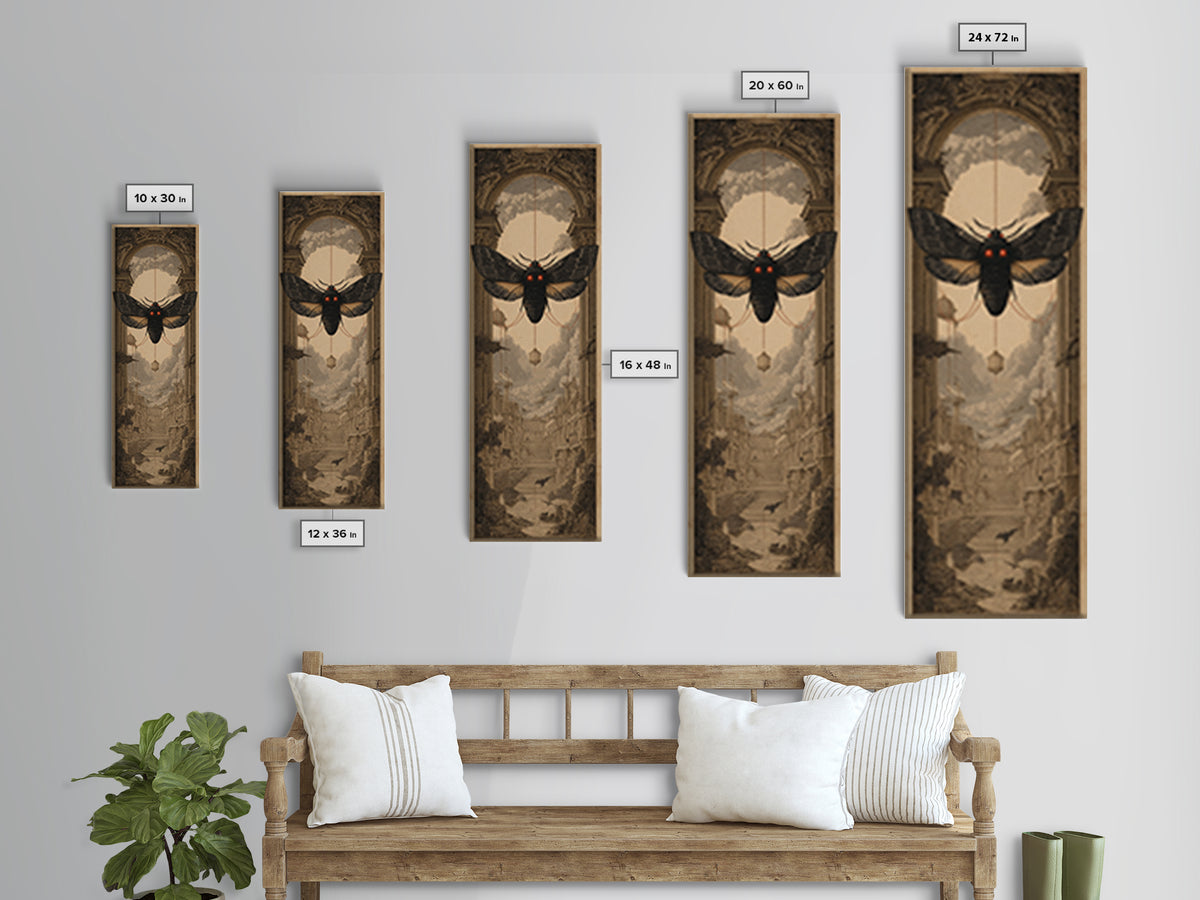 The Red-Eyed Moth Creature, Architectural Etching Art, Tall Narrow Wall Art, Macabre Wall Art, Canvas Print, Horror Wall Art