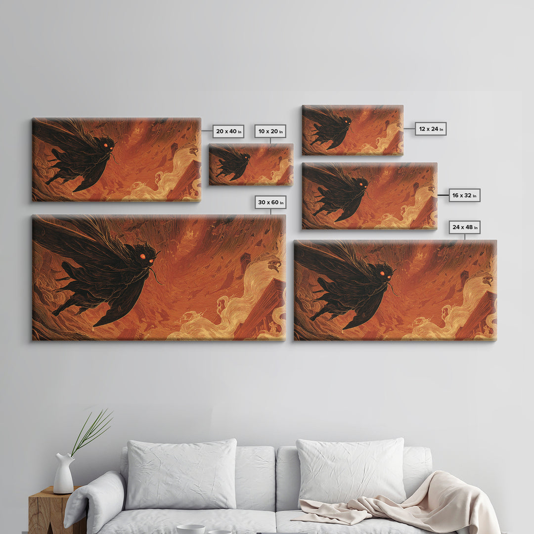 The Red-Eyed Moth Creature, Apocalyptic Romantic Art, Wide Panoramic Art, Macabre Wall Art, Canvas Print, Halloween Wall Art