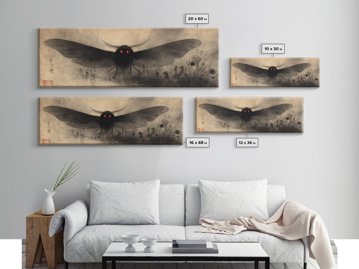 The Red-Eyed Moth Creature, Symbolist Dream Art, Extra Wide Wall Art, Gothic Horror Wall Art, Framed Canvas Print, Halloween Wall Art