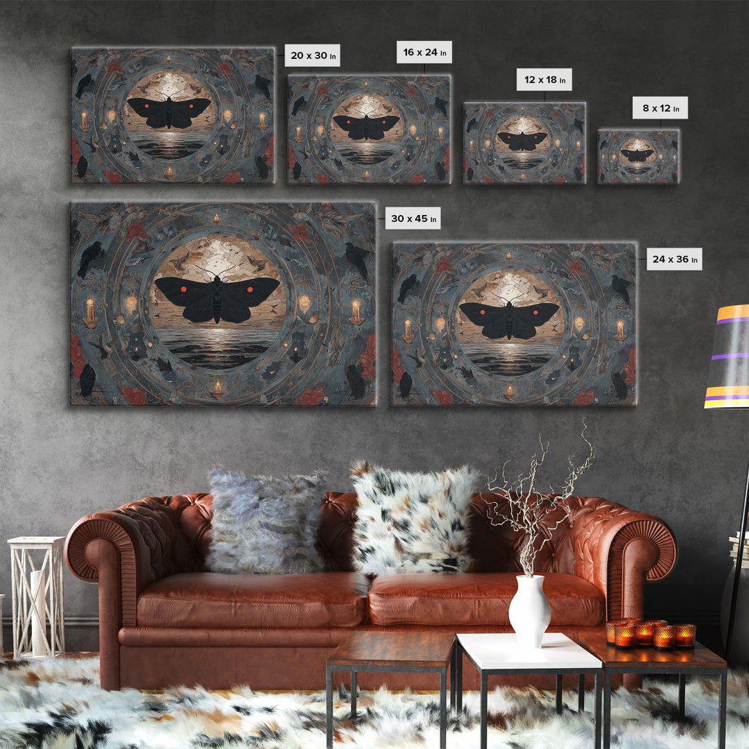 The Red-Eyed Moth Creature, Symbolist Gothic Landscape, Landscape Wall Art, Dark Halloween Decor, Framed Canvas Print, Halloween Wall Art