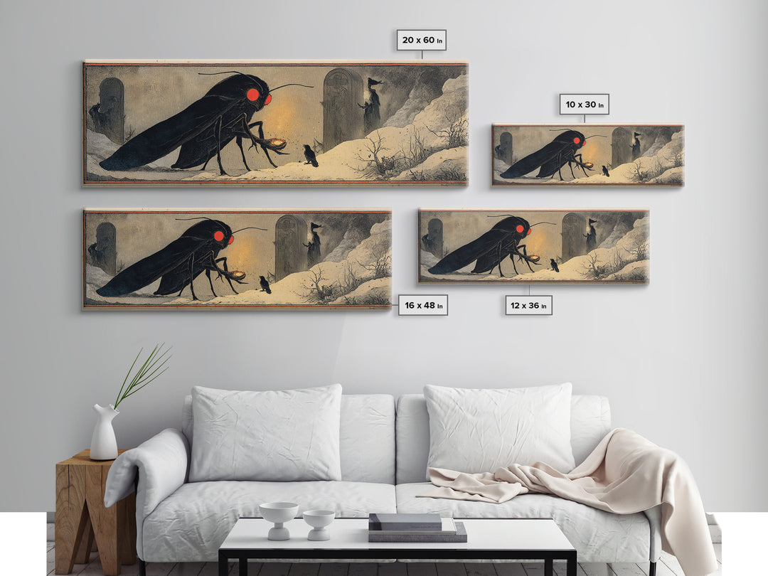 The Red-Eyed Moth Creature, Symbolist Death Art, Extra Wide Wall Art, Dark Fantasy Wall Art, Canvas Print, Halloween Wall Art
