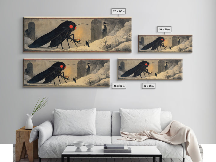 The Red-Eyed Moth Creature, Symbolist Death Art, Extra Wide Wall Art, Dark Fantasy Wall Art, Canvas Print, Halloween Wall Art