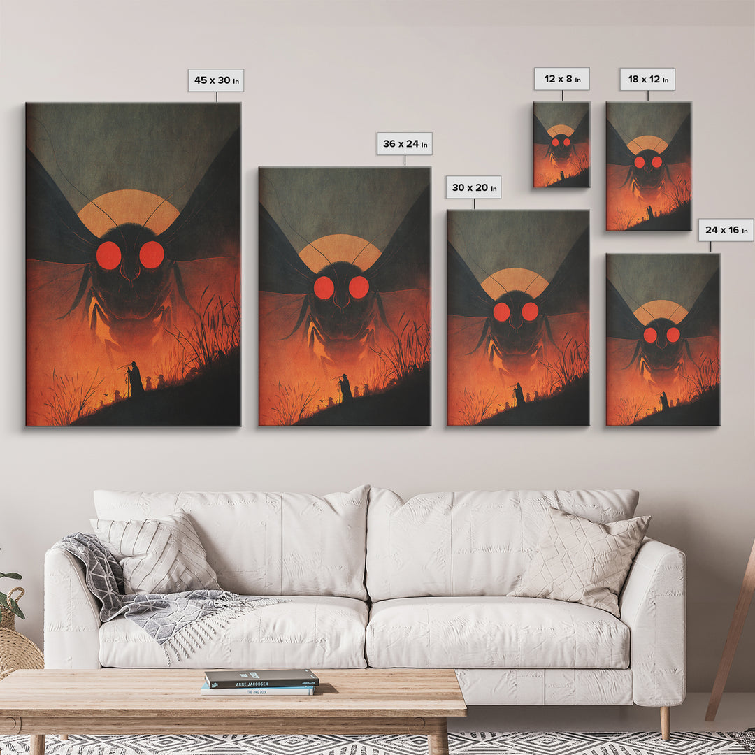 The Red-Eyed Moth Creature, Symbolist Etching Art, Vertical Wall Art, Dark Halloween Decor, Framed Canvas Print, Halloween Wall Art