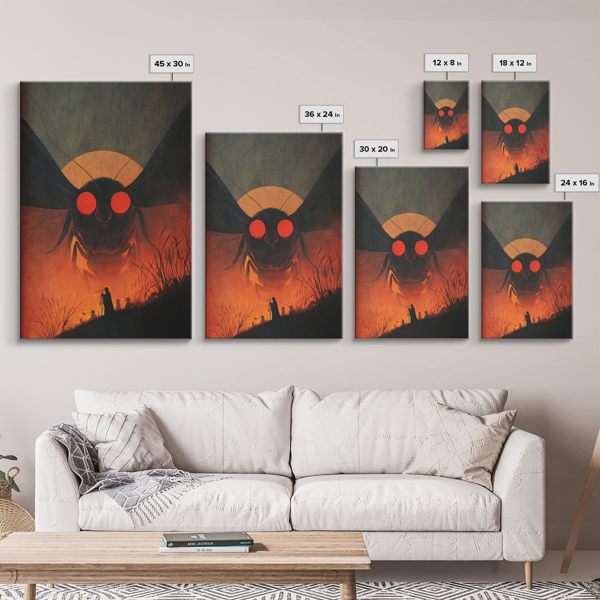 The Red-Eyed Moth Creature, Symbolist Etching Art, Vertical Wall Art, Dark Halloween Decor, Framed Canvas Print, Halloween Wall Art