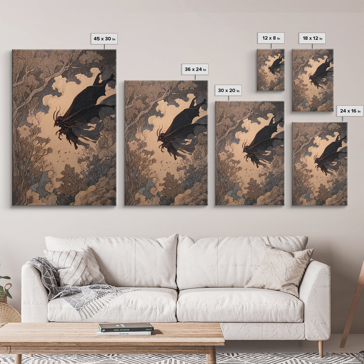 The Red-Eyed Moth Creature, Gothic Storybook Art, Vertical Wall Art, Macabre Wall Art, Canvas Print, Halloween Wall Art