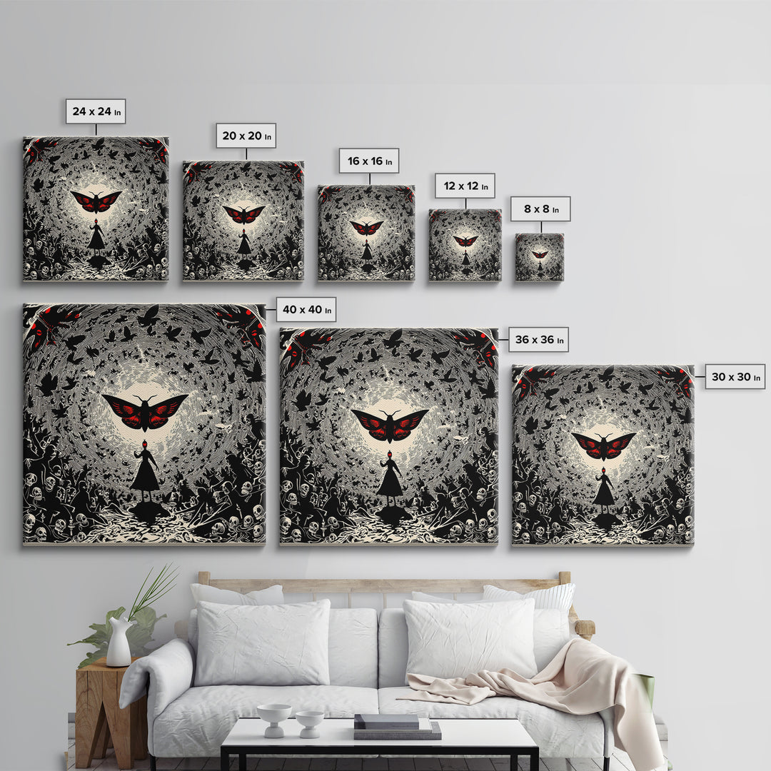 The Red-Eyed Moth Creature, Macabre Folk Print Art, Square Wall Art, Dark Halloween Decor, Canvas Print, Halloween Wall Art