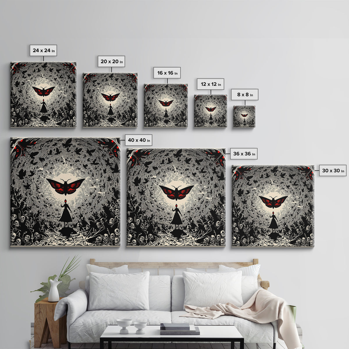 The Red-Eyed Moth Creature, Macabre Folk Print Art, Square Wall Art, Dark Halloween Decor, Canvas Print, Halloween Wall Art